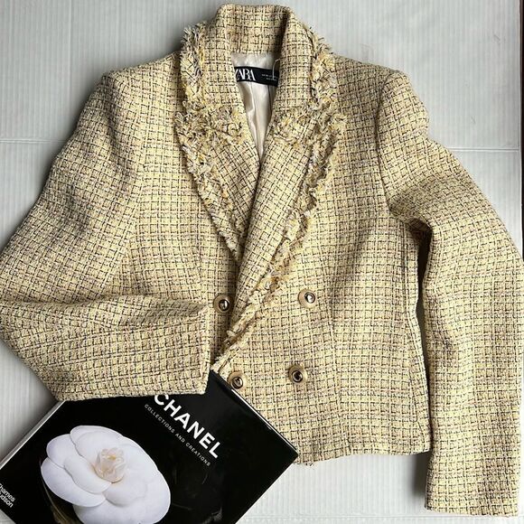 ZARA Double Breasted Tweed Weave Cropped Jacket - Picture 2 of 16